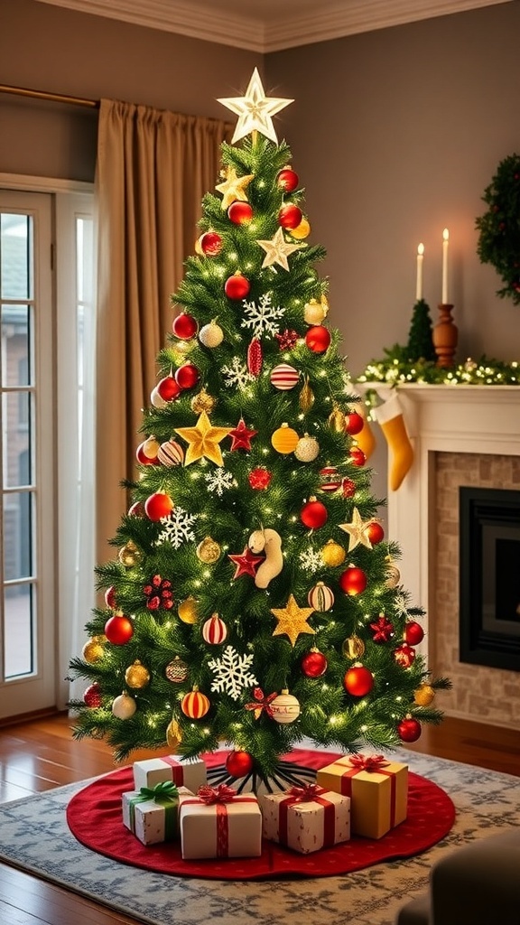 An 8-foot slim Christmas tree decorated with lights and ornaments in a living room.